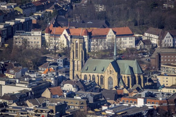 Aerial view, Catholic Provost Church of St. Urbanus, Buer, Gelsenkirchen, Ruhr area, North Rhine-Westphalia, Germany, place of worship, DE, Europe, religious community, place of worship, holy place, church, parish, denomination, aerial view, aerial photography, aerial photography, religion, religious site, St. Urbanus Church Square, overview, bird's-eye view, overview