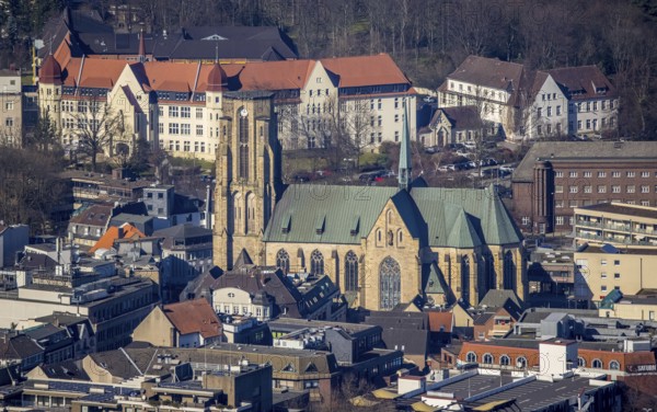 Aerial view, Catholic Provost Church of St. Urbanus, Buer, Gelsenkirchen, Ruhr area, North Rhine-Westphalia, Germany, place of worship, DE, Europe, religious community, place of worship, holy place, church, parish, denomination, aerial view, aerial photography, aerial photography, religion, religious site, St. Urbanus Church Square, overview, bird's-eye view, overview