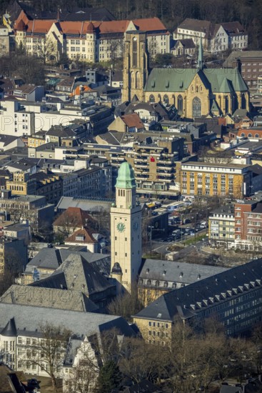 Aerial view, Town Hall Buer with tower, Catholic Provost Church St. Urbanus, Buer, Gelsenkirchen, Ruhr area, North Rhine-Westphalia, Germany, place of worship, authority, DE, Europe, religious community, place of worship, holy place, church, parish, denomination, aerial view, aerial photography, aerial photography, town hall, religion, religious site, St. Urbanus Church Square, overview, bird's eye view, birds-eyes view, overview