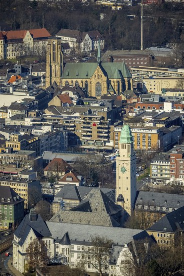 Aerial view, Town Hall Buer with tower, Catholic Provost Church St. Urbanus, Buer, Gelsenkirchen, Ruhr area, North Rhine-Westphalia, Germany, place of worship, authority, DE, Europe, religious community, place of worship, holy place, church, parish, denomination, aerial view, aerial photography, aerial photography, town hall, religion, religious site, St. Urbanus Church Square, overview, bird's eye view, birds-eyes view, overview