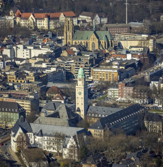 Aerial view, Town Hall Buer with tower, Catholic Provost Church St. Urbanus, Buer, Gelsenkirchen, Ruhr area, North Rhine-Westphalia, Germany, place of worship, authority, DE, Europe, religious community, place of worship, holy place, church, parish, denomination, aerial view, aerial photography, aerial photography, town hall, religion, religious site, St. Urbanus Church Square, overview, bird's eye view, birds-eyes view, overview