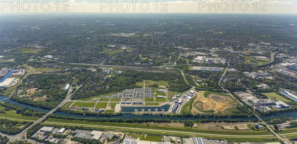 Aerial view, Graf Bismarck city quarter on the Rhine-Herne Canal, Marina Bismarck, Schalke-Nord, Gelsenkirchen, Ruhr area, North Rhine-Westphalia, Germany, DE, Europe, birds-eyes view, aerial photograph, aerial photography, aerial photography, overview, bird's eye view