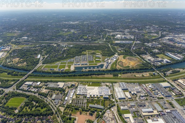 Aerial view, Graf Bismarck city quarter on the Rhine-Herne Canal, Marina Bismarck, Schalke-Nord, Gelsenkirchen, Ruhr area, North Rhine-Westphalia, Germany, DE, Europe, birds-eyes view, aerial photograph, aerial photography, aerial photography, overview, bird's eye view
