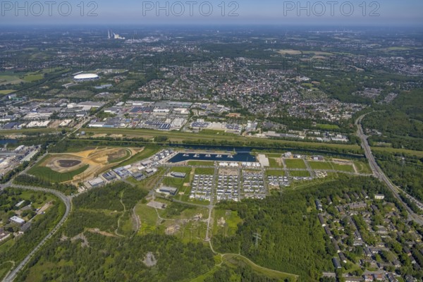 Aerial view, Graf Bismarck city quarter on the Rhine-Herne Canal, Marina Bismarck, Schalke-Nord, Gelsenkirchen, Ruhr area, North Rhine-Westphalia, Germany, DE, Europe, birds-eyes view, aerial photograph, aerial photography, aerial photography, overview, bird's eye view