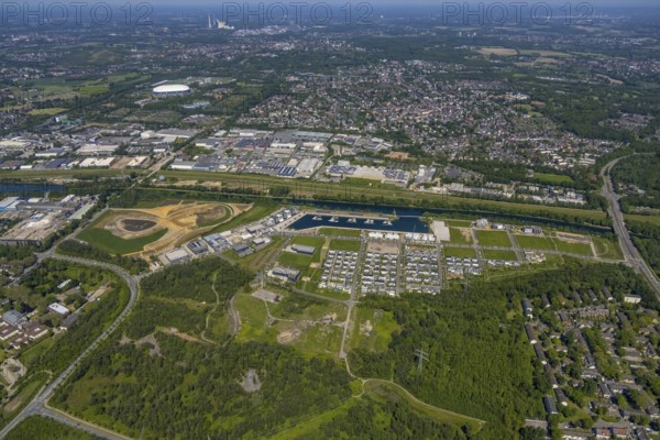 Aerial view, Graf Bismarck city quarter on the Rhine-Herne Canal, Marina Bismarck, Schalke-Nord, Gelsenkirchen, Ruhr area, North Rhine-Westphalia, Germany, DE, Europe, birds-eyes view, aerial photograph, aerial photography, aerial photography, overview, bird's eye view