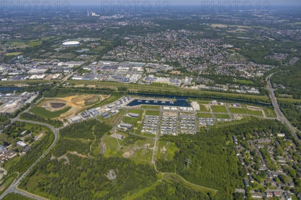Aerial view, Graf Bismarck city quarter on the Rhine-Herne Canal, Marina Bismarck, Schalke-Nord, Gelsenkirchen, Ruhr area, North Rhine-Westphalia, Germany, DE, Europe, birds-eyes view, aerial photograph, aerial photography, aerial photography, overview, bird's eye view