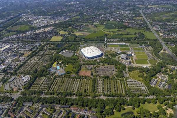 Aerial view, ARENA PARK Gelsenkirchen, Bundesliga stadium Arena auf Schalke, training grounds, Schalke 04, Erle, Gelsenkirchen, Ruhr area, North Rhine-Westphalia, Germany, DE, Europe, birds-eyes view, aerial photography, aerial photography, overview, bird's eye view