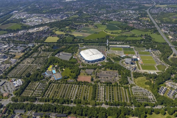 Aerial view, ARENA PARK Gelsenkirchen, Bundesliga stadium Arena auf Schalke, training grounds, Schalke 04, Erle, Gelsenkirchen, Ruhr area, North Rhine-Westphalia, Germany, DE, Europe, birds-eyes view, aerial photography, aerial photography, overview, bird's eye view