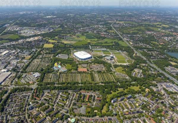 Aerial view, ARENA PARK Gelsenkirchen, Bundesliga stadium Arena auf Schalke, training grounds, Schalke 04, Erle, Gelsenkirchen, Ruhr area, North Rhine-Westphalia, Germany, DE, Europe, birds-eyes view, aerial photography, aerial photography, overview, bird's eye view
