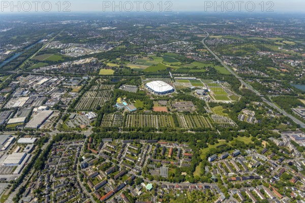 Aerial view, ARENA PARK Gelsenkirchen, Bundesliga stadium Arena auf Schalke, training grounds, Schalke 04, Erle, Gelsenkirchen, Ruhr area, North Rhine-Westphalia, Germany, DE, Europe, birds-eyes view, aerial photography, aerial photography, overview, bird's eye view