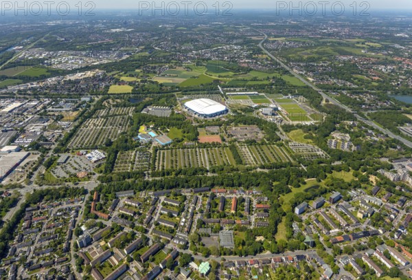 Aerial view, ARENA PARK Gelsenkirchen, Bundesliga stadium Arena auf Schalke, training grounds, Schalke 04, Erle, Gelsenkirchen, Ruhr area, North Rhine-Westphalia, Germany, DE, Europe, birds-eyes view, aerial photography, aerial photography, overview, bird's eye view