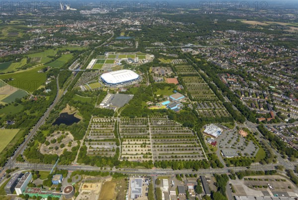 Aerial view, ARENA PARK Gelsenkirchen, Bundesliga stadium Arena auf Schalke, training grounds, Schalke 04, Erle, Gelsenkirchen, Ruhr area, North Rhine-Westphalia, Germany, DE, Europe, birds-eyes view, aerial photography, aerial photography, overview, bird's eye view