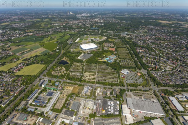 Aerial view, ARENA PARK Gelsenkirchen, Bundesliga stadium Arena auf Schalke, training grounds, Schalke 04, Erle, Gelsenkirchen, Ruhr area, North Rhine-Westphalia, Germany, DE, Europe, birds-eyes view, aerial photography, aerial photography, overview, bird's eye view