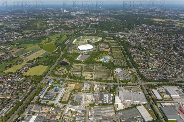 Aerial view, ARENA PARK Gelsenkirchen, Bundesliga stadium Arena auf Schalke, training grounds, Schalke 04, Erle, Gelsenkirchen, Ruhr area, North Rhine-Westphalia, Germany, DE, Europe, birds-eyes view, aerial photography, aerial photography, overview, bird's eye view