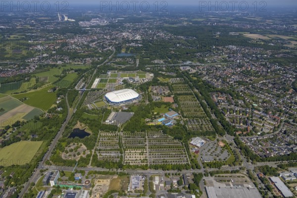 Aerial view, ARENA PARK Gelsenkirchen, Bundesliga stadium Arena auf Schalke, training grounds, Schalke 04, Erle, Gelsenkirchen, Ruhr area, North Rhine-Westphalia, Germany, DE, Europe, birds-eyes view, aerial photography, aerial photography, overview, bird's eye view