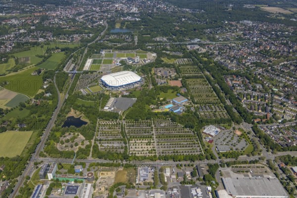 Aerial view, ARENA PARK Gelsenkirchen, Bundesliga stadium Arena auf Schalke, training grounds, Schalke 04, Erle, Gelsenkirchen, Ruhr area, North Rhine-Westphalia, Germany, DE, Europe, birds-eyes view, aerial photography, aerial photography, overview, bird's eye view