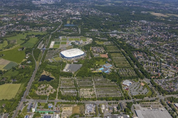 Aerial view, ARENA PARK Gelsenkirchen, Bundesliga stadium Arena auf Schalke, training grounds, Schalke 04, Erle, Gelsenkirchen, Ruhr area, North Rhine-Westphalia, Germany, DE, Europe, birds-eyes view, aerial photography, aerial photography, overview, bird's eye view