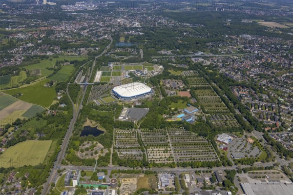Aerial view, ARENA PARK Gelsenkirchen, Bundesliga stadium Arena auf Schalke, training grounds, Schalke 04, Erle, Gelsenkirchen, Ruhr area, North Rhine-Westphalia, Germany, DE, Europe, birds-eyes view, aerial photography, aerial photography, overview, bird's eye view
