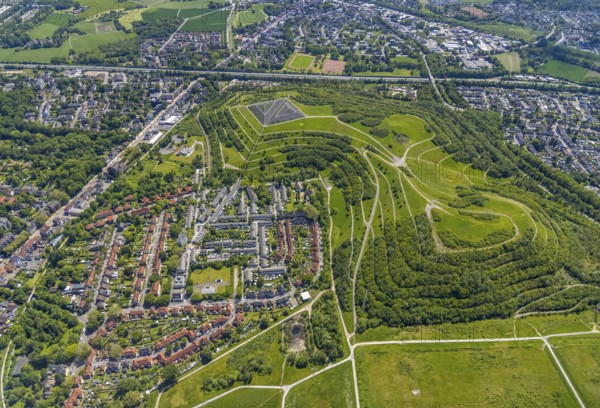 Aerial view, Rungenberghalde with night sign, Buer, Gelsenkirchen, Ruhr area, North Rhine-Westphalia, Germany, slag heap, DE, Eschweiler Straße, Europe, slag heap, aerial view, aerial photography, aerial photography, night sign, overview, bird's eye view, housing estate, birds-eyes view, overview
