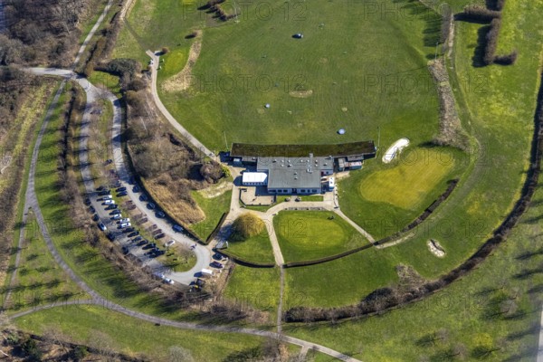 Aerial view, golf course and golf club GC Schloss Horst GmbH, Horst, An der Rennbahn, Gelsenkirchen, Ruhr area, North Rhine-Westphalia, Germany, DE, Europe, golf, golf course, golf club, golf course, golf meadow, Johannastrasse, aerial view, aerial photography, aerial photography, castle, castle park, sports, overview, bird's-eye view, overview