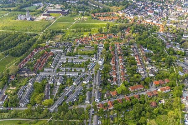Aerial view, Schüngelberg colliery housing estate and Hugo Schacht 2 colliery, Buer, Gelsenkirchen, Ruhr area, North Rhine-Westphalia, Germany, DE, Europe, property tax, real estate, aerial view, aerial photography, aerial photography, overview, bird's-eye view, housing estate, housing and living, residential area, residential buildings, housing quality, residential neighbourhood, housing estate, birds-eyes view, overview