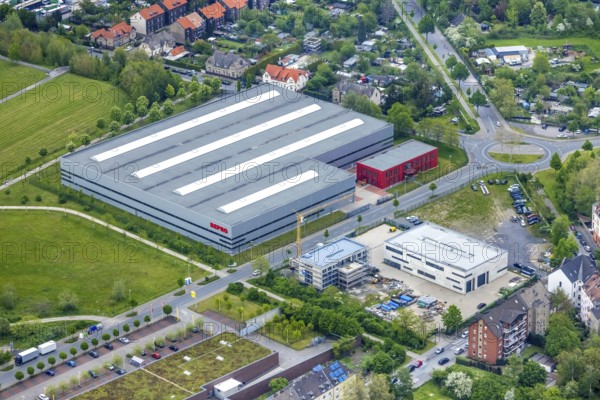 Aerial view, BEPRO Blech und Profilstahl GmbH, Consolstraße, Bismarck, Gelsenkirchen, Ruhr area, North Rhine-Westphalia, Germany, DE, Europe, commercial enterprises, commercial area, commercial location, commercial use, industrial area, industrial location, roundabout, roundabout, aerial photograph, aerial photography, aerial photography, overview, bird's-eye view, birds-eyes view, overview