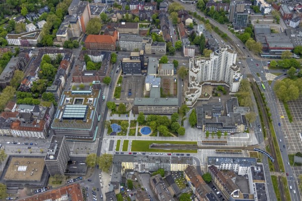 Aerial view, underground tram, Fritz-Rahkob-Platz, old town, town hall, Hans-Sachs-Haus, Gelsenkirchen, Ruhr area, North Rhine-Westphalia, Germany, education, educational institution, DE, Ebertsraße, Europe, commercial buildings, high-rise building, aerial view, aerial photography, aerial photography, Gelsenkirchen municipal library, Musiktheater tram stop, overview, underground tram, bird's-eye view, adult education centre, Gelsenkirchen adult education centre, further education, birds-eyes view, overview