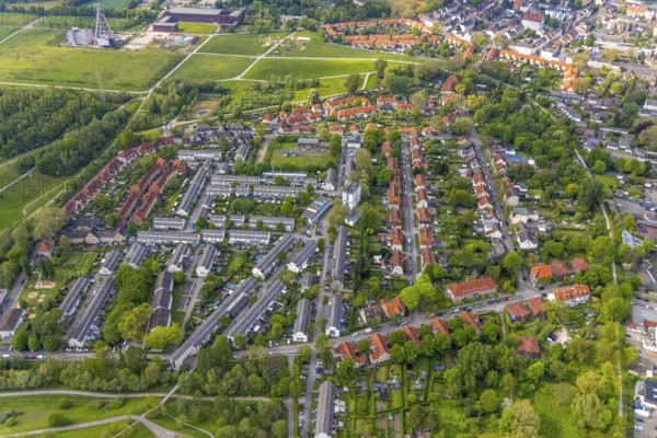 Aerial view, Schüngelberg colliery housing estate and Hugo Schacht 2 colliery, Buer, Gelsenkirchen, Ruhr area, North Rhine-Westphalia, Germany, DE, Europe, property tax, real estate, aerial view, aerial photography, aerial photography, overview, bird's-eye view, housing estate, housing and living, residential area, residential buildings, housing quality, residential neighbourhood, housing estate, birds-eyes view, overview