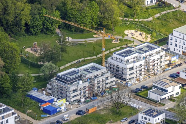 Aerial view, Am Buerschen Waldbogen, construction site housing estate, Resse, Gelsenkirchen, Ruhr area, North Rhine-Westphalia, Germany, DE, Europe, property tax, real estate, aerial view, aerial photography, aerial photography, overview, bird's-eye view, housing estate, housing and living, residential area, residential buildings, housing quality, residential neighbourhood, housing estate, birds-eyes view, overview