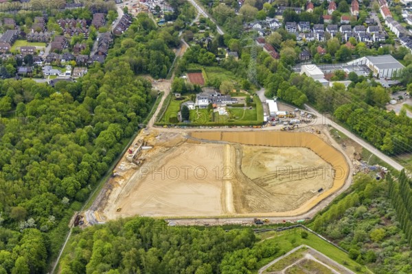 Aerial view, construction site rainwater retention basin Wattenscheider Bach, Ückendorf, Gelsenkirchen, Ruhr area, North Rhine-Westphalia, Germany, construction work, construction area, construction site, construction measure, construction project, construction site, DE, Europe, aerial view, aerial photography, aerial photography, overview, bird's-eye view, overview