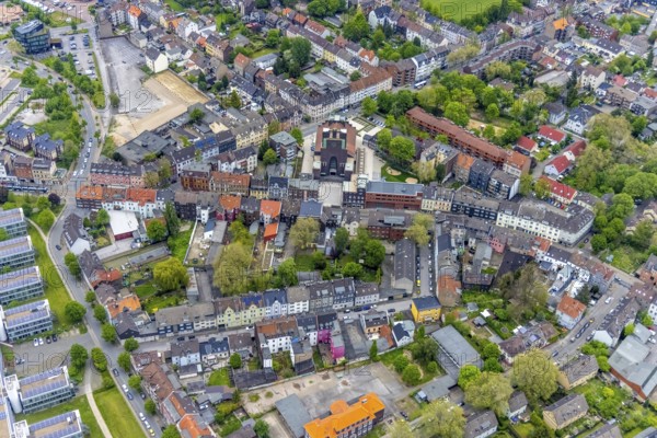 Aerial view, former cath. Heilig-Kreuz-Kirche, construction site and conversion as event venue, Ückendorf, Gelsenkirchen, Ruhr area, North Rhine-Westphalia, Germany, place of worship, construction work, construction area, construction measure, construction project, DE, Europe, religious community, place of worship, holy place, church, parish, denomination, culture, art, aerial view, aerial photography, aerial photography, religion, religious site, overview, events, venue, event location, bird's-eye view, birds-eyes view, cultural use, overview