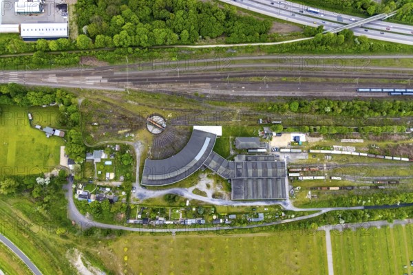 Aerial view, turntable and roundhouse railway depot Gelsenkirchen, Bismarck, Gelsenkirchen, Ruhr area, North Rhine-Westphalia, Germany, railway area, railway tracks, DE, Deutsche Bahn AG, Europe, locomotive shed, aerial view, aerial photography, aerial photography, overview, bird's-eye view, overview