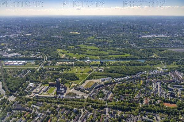 Aerial view, industrial park Nordstern, Nordsternpark, Heßler, Gelsenkirchen, Ruhr area, North Rhine-Westphalia, Germany, DE, Europe, birds-eyes view, aerial photography, aerial photography, overview, bird's eye view, commercial sites, commercial areas