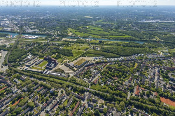 Aerial view, industrial park Nordstern, Nordsternpark, Heßler, Gelsenkirchen, Ruhr area, North Rhine-Westphalia, Germany, DE, Europe, birds-eyes view, aerial photography, aerial photography, overview, bird's eye view, commercial sites, commercial areas