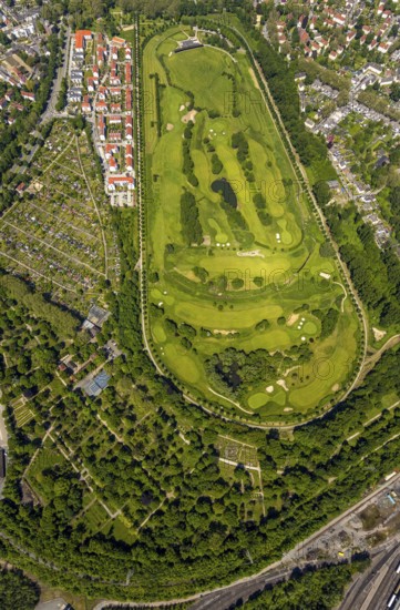 Aerial view, golf course Horst at Schloss Horst, Horst, Gelsenkirchen, Ruhr area, North Rhine-Westphalia, Germany, DE, Europe, birds-eyes view, aerial photography, aerial photography, overview, bird's eye view, commercial sites, commercial areas