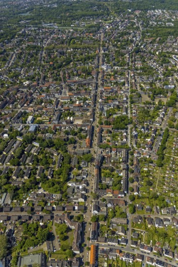 Aerial view, secondary centre Erle, Crangestraße, retail centre, Erle, Gelsenkirchen, Ruhr area, North Rhine-Westphalia, Germany, DE, Europe, birds-eyes view, aerial photograph, aerial photography, aerial photography, overview, overview, bird's eye view, retail centres of the city of Gelsenkirchen, shopping street, district