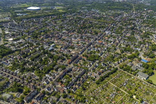Aerial view, secondary centre Erle, Crangestraße, retail centre, Erle, Gelsenkirchen, Ruhr area, North Rhine-Westphalia, Germany, DE, Europe, birds-eyes view, aerial photograph, aerial photography, aerial photography, overview, overview, bird's eye view, retail centres of the city of Gelsenkirchen, shopping street, district