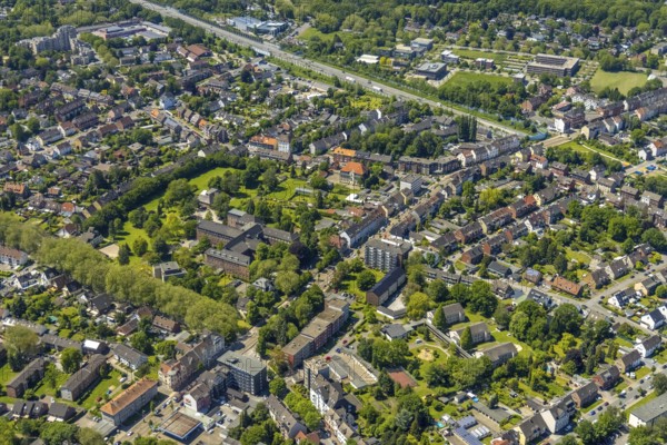 Aerial view, secondary centre Erle, Crangestraße, retail centre, Erle, Gelsenkirchen, Ruhr area, North Rhine-Westphalia, Germany, DE, Europe, birds-eyes view, aerial photograph, aerial photography, aerial photography, overview, overview, bird's eye view, retail centres of the city of Gelsenkirchen, shopping street, district