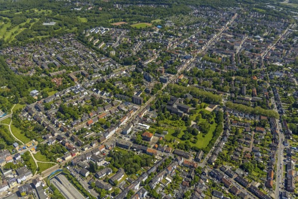 Aerial view, secondary centre Erle, Crangestraße, retail centre, Erle, Gelsenkirchen, Ruhr area, North Rhine-Westphalia, Germany, DE, Europe, birds-eyes view, aerial photograph, aerial photography, aerial photography, overview, overview, bird's eye view, retail centres of the city of Gelsenkirchen, shopping street, district
