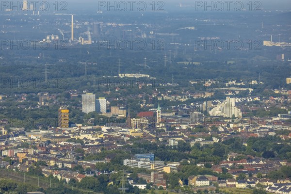 Aerial view, Old Town and City skyscrapers with Provost Church St. Augustinus and Old Town Church Emmaus in Gelsenkirchen, Ruhr area, North Rhine-Westphalia, Germany, place of worship, City, DE, Europe, Gelsenkirchen, faith community, place of worship, holy place, skyscrapers, city centre, church, parish, denomination, aerial view, aerial photography, aerial photography, religion, religious site, overview, bird's-eye view, overview