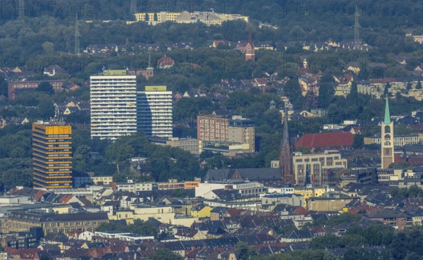 Aerial view, Old Town and City skyscrapers with Provost Church St. Augustinus and Old Town Church Emmaus in Gelsenkirchen, Ruhr area, North Rhine-Westphalia, Germany, place of worship, City, DE, Europe, Gelsenkirchen, faith community, place of worship, holy place, skyscrapers, city centre, church, parish, denomination, aerial view, aerial photography, aerial photography, religion, religious site, overview, bird's-eye view, overview