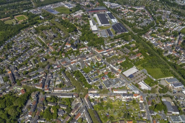 Aerial view, Rotthausen secondary centre, Karl-Meyer-Straße, retail centre, Rotthausen, Gelsenkirchen, Ruhr area, North Rhine-Westphalia, Germany, DE, Europe, birds-eyes view, aerial view, aerial photography, aerial photography, overview, overview, bird's eye view, retail centres of the city of Gelsenkirchen, shopping street, district