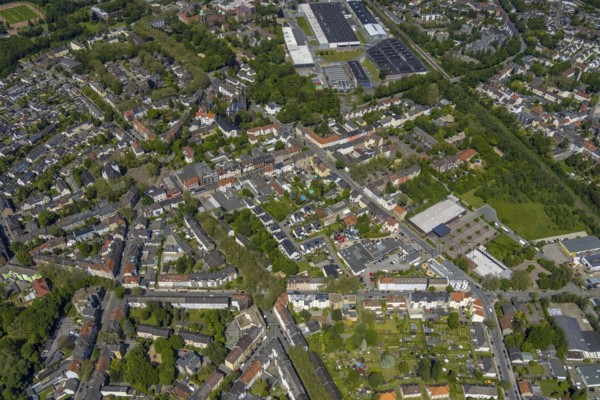 Aerial view, Rotthausen secondary centre, Karl-Meyer-Straße, retail centre, Rotthausen, Gelsenkirchen, Ruhr area, North Rhine-Westphalia, Germany, DE, Europe, birds-eyes view, aerial view, aerial photography, aerial photography, overview, overview, bird's eye view, retail centres of the city of Gelsenkirchen, shopping street, district