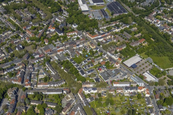 Aerial view, Rotthausen secondary centre, Karl-Meyer-Straße, retail centre, Rotthausen, Gelsenkirchen, Ruhr area, North Rhine-Westphalia, Germany, DE, Europe, birds-eyes view, aerial view, aerial photography, aerial photography, overview, overview, bird's eye view, retail centres of the city of Gelsenkirchen, shopping street, district