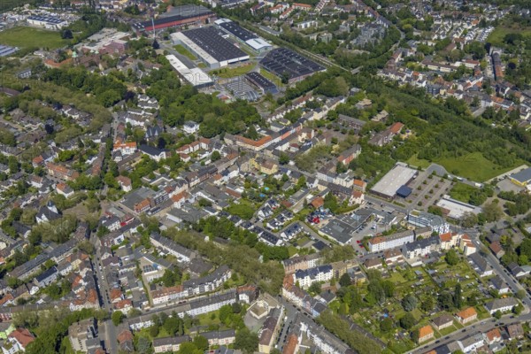 Aerial view, Rotthausen secondary centre, Karl-Meyer-Straße, retail centre, Rotthausen, Gelsenkirchen, Ruhr area, North Rhine-Westphalia, Germany, DE, Europe, birds-eyes view, aerial view, aerial photography, aerial photography, overview, overview, bird's eye view, retail centres of the city of Gelsenkirchen, shopping street, district