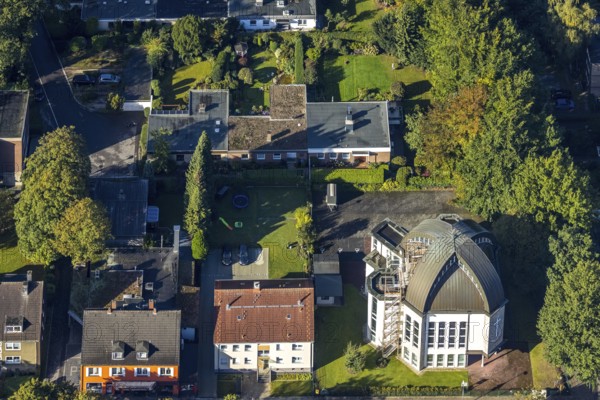 Aerial view, New Apostolic Church Gelsenkirchen-Resse in the district Resse in Gelsenkirchen, Ruhr area, North Rhine-Westphalia, Germany, place of worship, DE, Europe, Gelsenkirchen, religious community, place of worship, holy place, church, parish, denomination, aerial view, aerial photography, aerial photography, religion, religious site, overview, bird's-eye view, overview