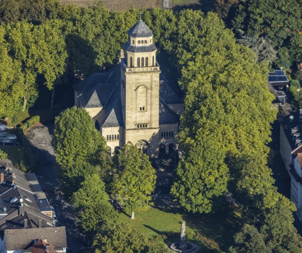 Aerial view, St Paul's Church Resse and memorial park with anniversary fountain in the Resse district of Gelsenkirchen, Ruhr area, North Rhine-Westphalia, Germany, place of worship, fountain, DE, Europe, Gelsenkirchen, religious community, place of worship, holy place, church, parish, denomination, aerial view, aerial photography, aerial photography, religion, religious site, overview, bird's-eye view, overview
