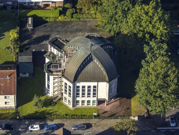 Aerial view, New Apostolic Church Gelsenkirchen-Resse in the district Resse in Gelsenkirchen, Ruhr area, North Rhine-Westphalia, Germany, place of worship, DE, Europe, Gelsenkirchen, religious community, place of worship, holy place, church, parish, denomination, aerial view, aerial photography, aerial photography, religion, religious site, overview, bird's-eye view, overview