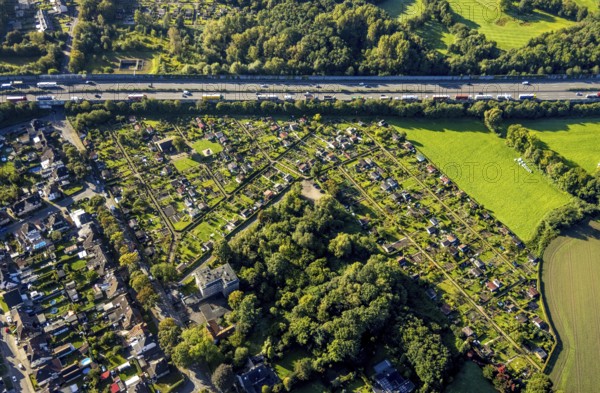 Aerial view, allotment garden association Gartenfreunde Resse at the motorway A2 in the district Resse in Gelsenkirchen, Ruhr area, North Rhine-Westphalia, Germany, DE, Europe, Gelsenkirchen, community garden, allotment garden, allotment garden site, allotment garden association, aerial view, aerial photography, aerial photography, allotment garden, overview, bird's-eye view, overview