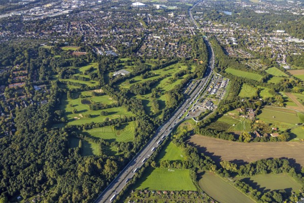 Aerial view, motorway service area Resser Mark Nord in the district Resse in Gelsenkirchen, Ruhr area, North Rhine-Westphalia, Germany, motorway A2, DE, Europe, Gelsenkirchen, aerial view, aerial photography, aerial photography, rest area, overview, bird's-eye view, overview
